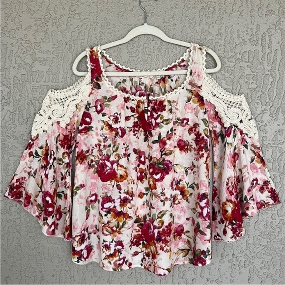 Soft Surroundings Floral Print Crochet
Lace Detail Cold Shoulder Top - Picture 4 of 11